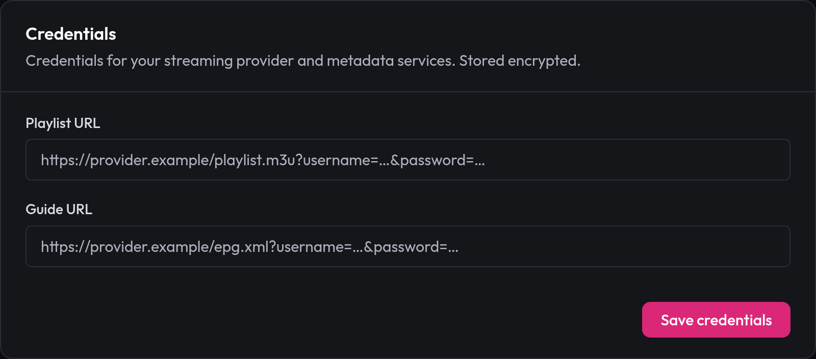 The credentials section of the Loungr dashboard, with Playlist URL and Guide URL fields