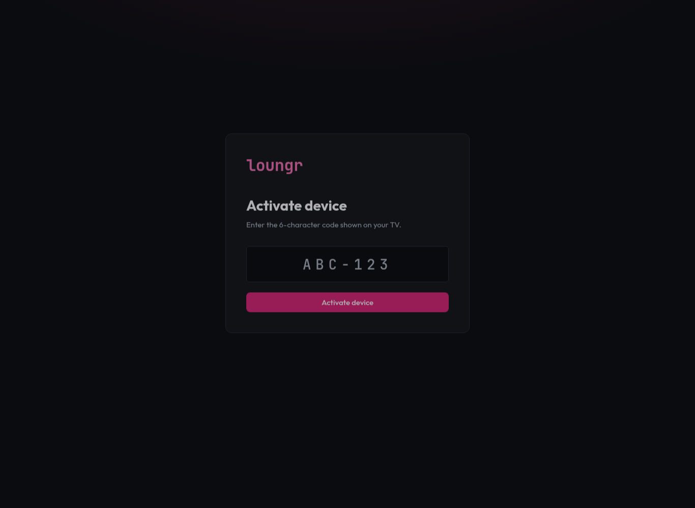 The loungr.tv/device-auth page where you enter the code shown on your TV